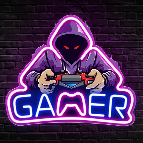 Gamer neon skilt med LED lys - Stor model 39x33 cm, perfekt til gaming værelse