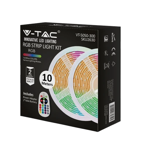 10m (2x5m) RGB strip sæt  - inkl. fjernbetjening og strømforsyning, 4,8W/m, IP20