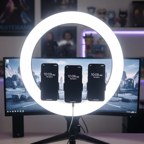 LED Ring light med stativ - 55W, Ø44cm, 3 telefonholdere, fjernbetjening, 3200K-5800K