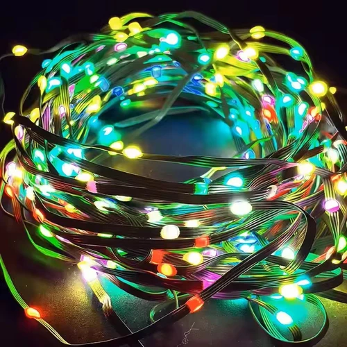 10 m. RGBIC LED lyskæde - 100 LED, grøn ledning, fjernbetjening + bluetooth, 5V USB