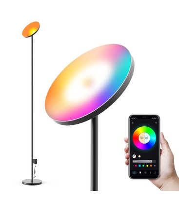 Sort gulvlampe med en rund skærm øverst, der lyser i mange farver, og en telefon med appen