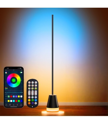Sort hjørnelampe med rund fod, der lyser blåt og orange, med telefon og fjernbetjening foran
