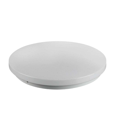 Rund hvid loftlampe set lidt fra siden mod hvid baggrund