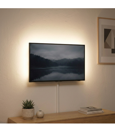 Gaming setup med LED strip monteret bag skærmen for optimal atmosfære.